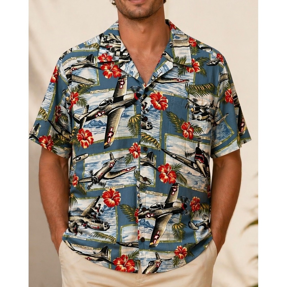 Kalaheo Mens Hawaiian Shirt L Blue WWII Warbirds Military Planes Made in USA